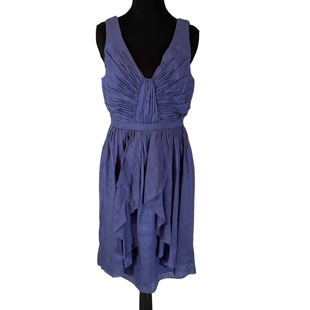 Quillaree Anthropologie Blue Linen‎ Silk Ruched Ruffle V-Neck Cocktail Dress 6